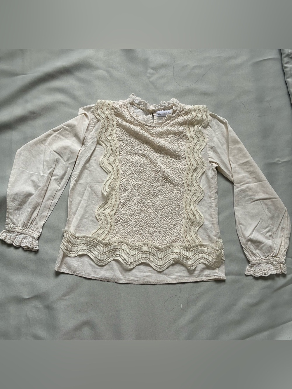 ZARA Girls White Lace Embroidered Ruffle Long Sleeve Blouse Size 11-12 ***READ